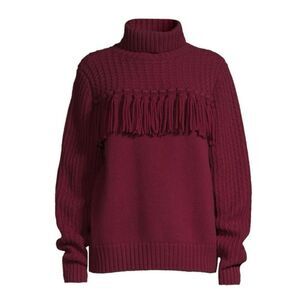 JASON WU Fringe Wool Turtleneck Sweater in Wine NWT Size Small